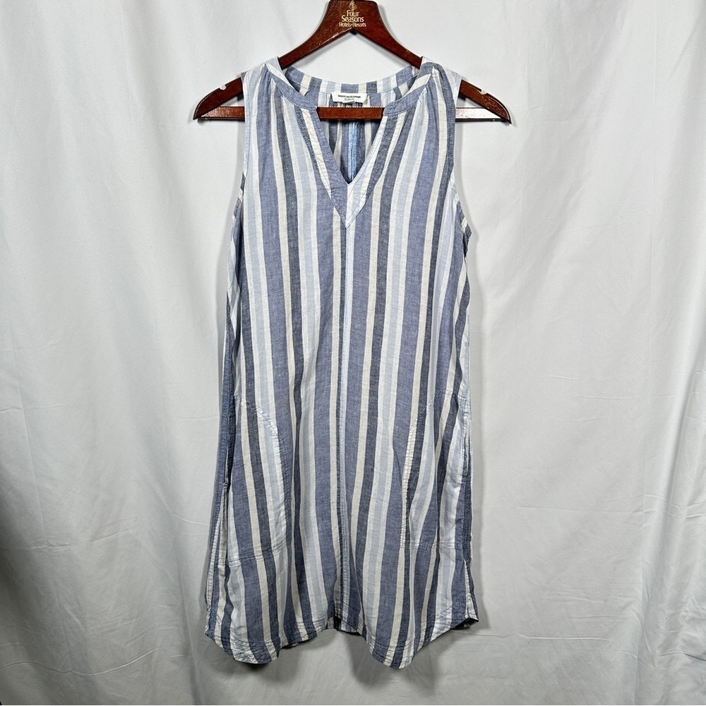 Beachlunchlounge Linen Blend Striped Shift Dress Pockets XS Blue White Vacation - Picture 2 of 10